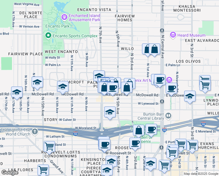 map of restaurants, bars, coffee shops, grocery stores, and more near 521 West Almeria Road in Phoenix