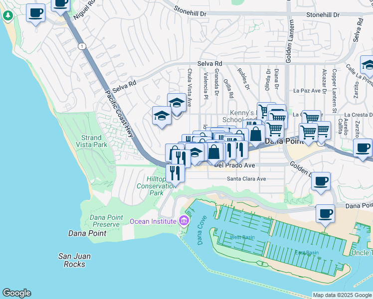 map of restaurants, bars, coffee shops, grocery stores, and more near 34185 Street of the Blue Lantern in Dana Point