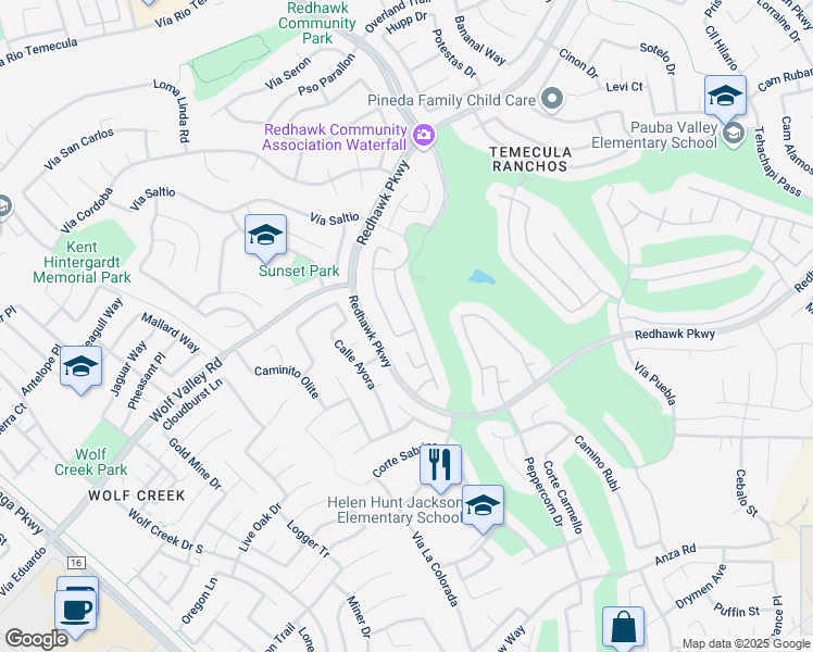 map of restaurants, bars, coffee shops, grocery stores, and more near 45421 Vía Jaca in Temecula