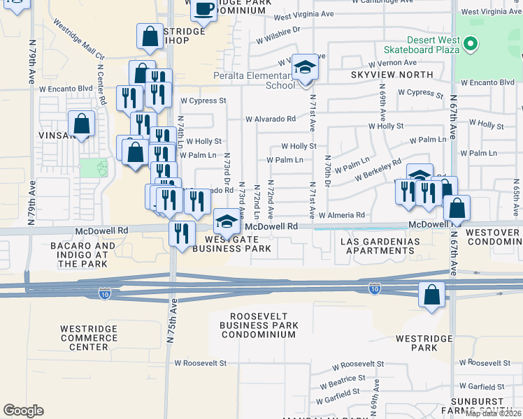 map of restaurants, bars, coffee shops, grocery stores, and more near 1621 North 72nd Lane in Phoenix