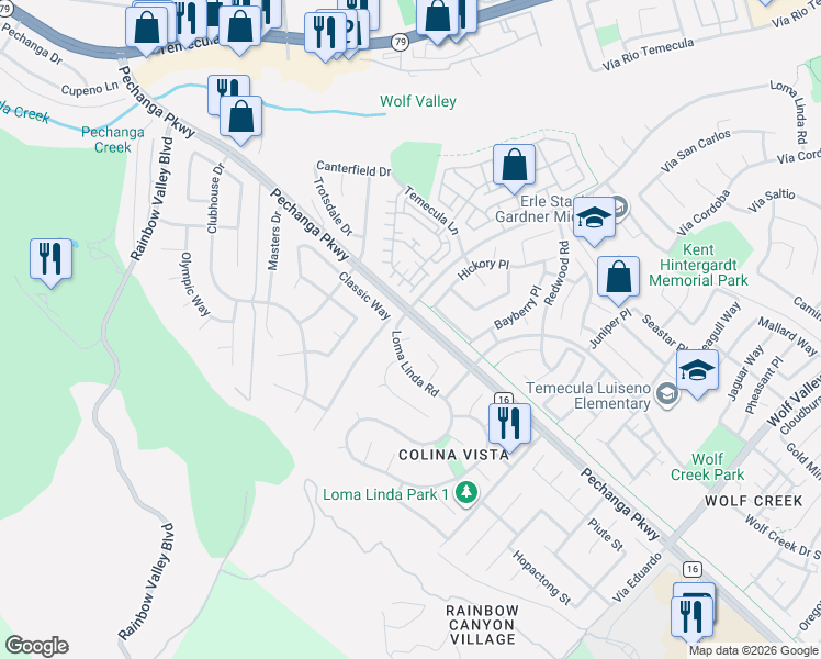 map of restaurants, bars, coffee shops, grocery stores, and more near 31012 Dulce Court in Temecula