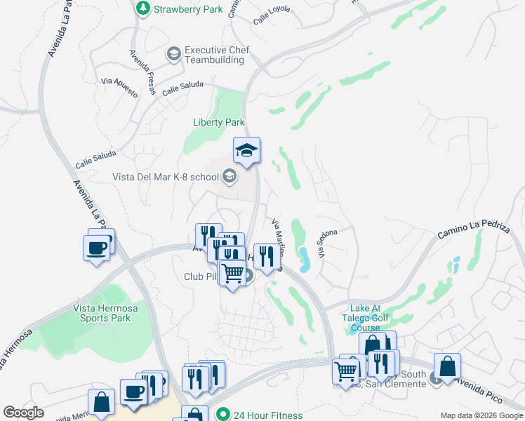 map of restaurants, bars, coffee shops, grocery stores, and more near 314 Via Los Tilos in San Clemente