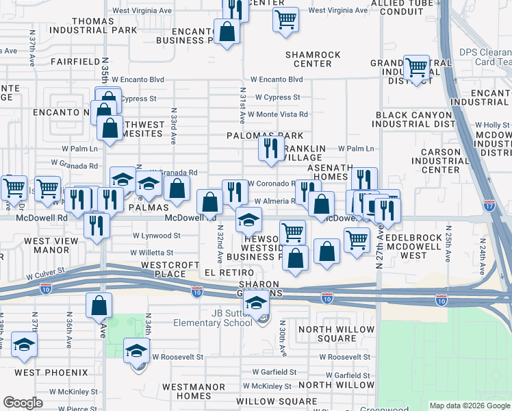 map of restaurants, bars, coffee shops, grocery stores, and more near 3029 West Almeria Road in Phoenix