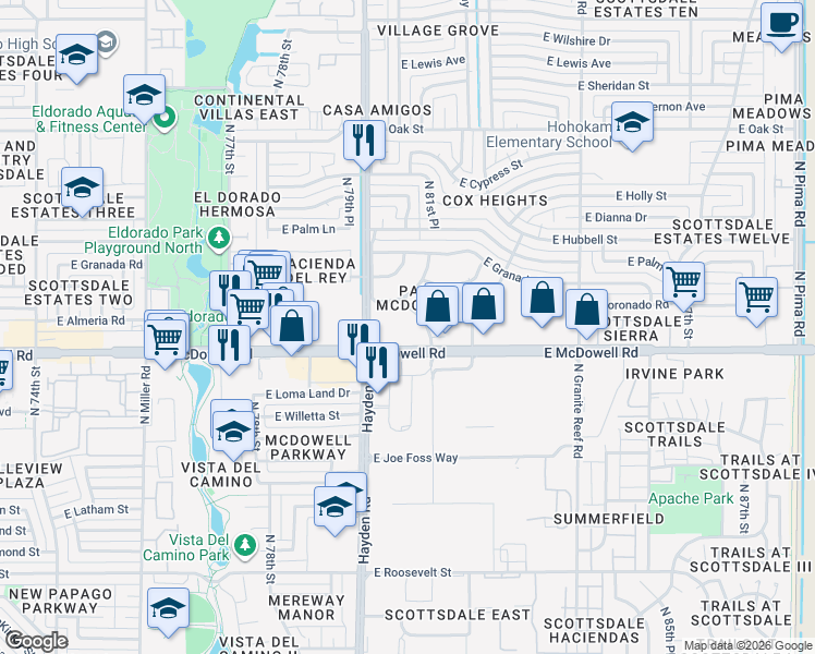 map of restaurants, bars, coffee shops, grocery stores, and more near 8034 East Almeria Road in Scottsdale