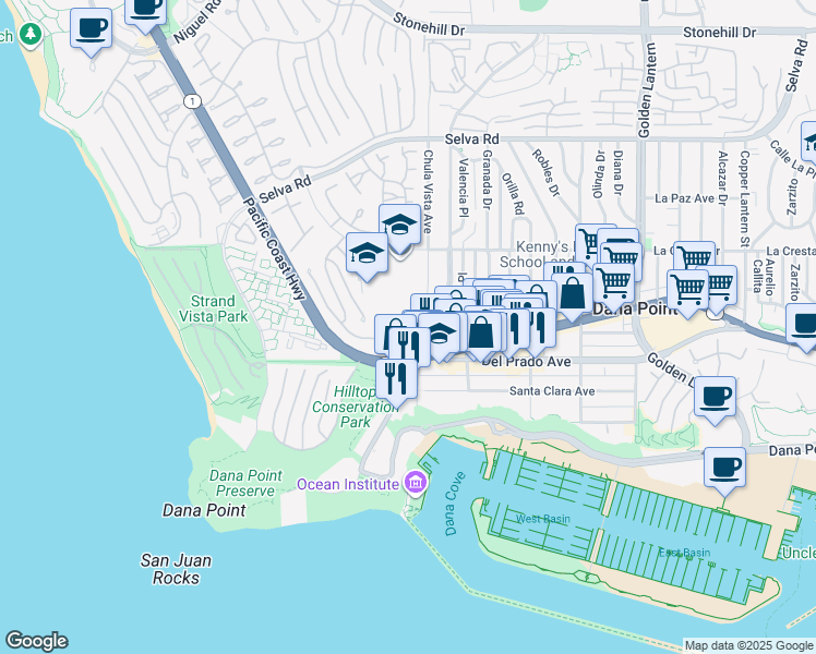 map of restaurants, bars, coffee shops, grocery stores, and more near 34185 Street of the Blue Lantern in Dana Point