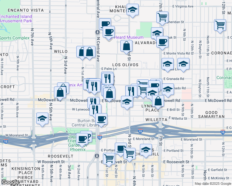 map of restaurants, bars, coffee shops, grocery stores, and more near 202 East McDowell Road in Phoenix