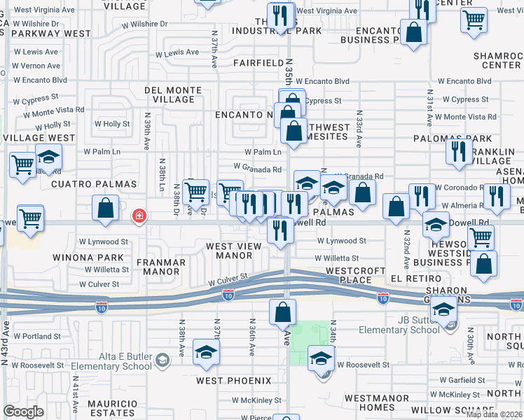 map of restaurants, bars, coffee shops, grocery stores, and more near 3523 West Almeria Road in Phoenix