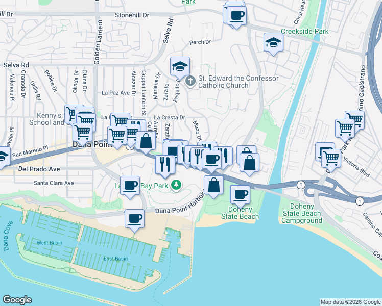 map of restaurants, bars, coffee shops, grocery stores, and more near 34172 Crystal Lantern in Dana Point
