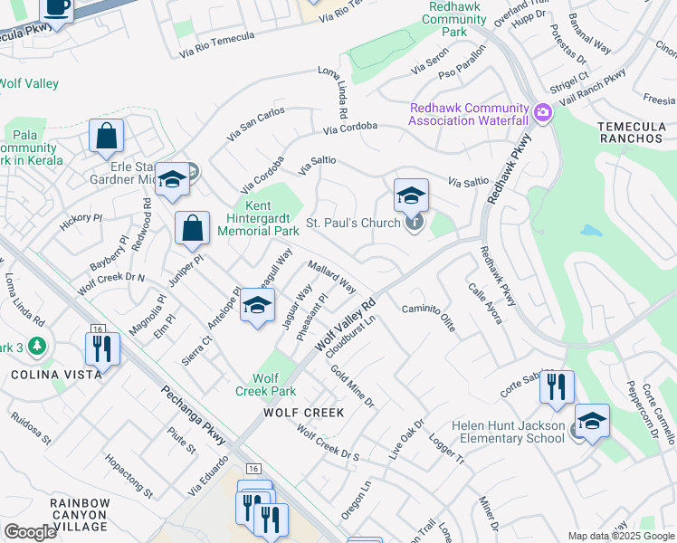 map of restaurants, bars, coffee shops, grocery stores, and more near 45504 Jaguar Way in Temecula