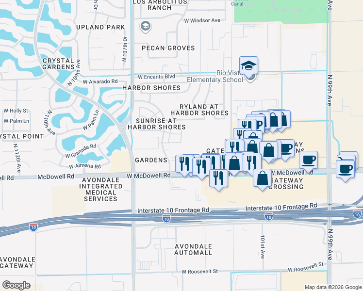 map of restaurants, bars, coffee shops, grocery stores, and more near 10501 West Almeria Road in Avondale