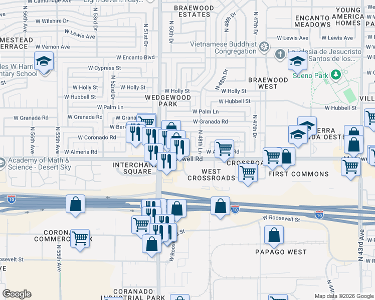map of restaurants, bars, coffee shops, grocery stores, and more near 1606 N 49th Ave in Phoenix