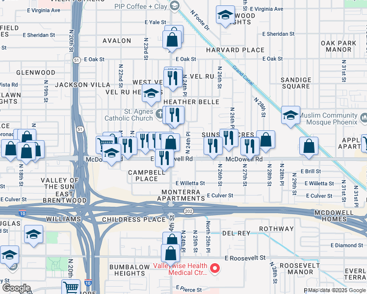 map of restaurants, bars, coffee shops, grocery stores, and more near 2424 East McDowell Road in Phoenix
