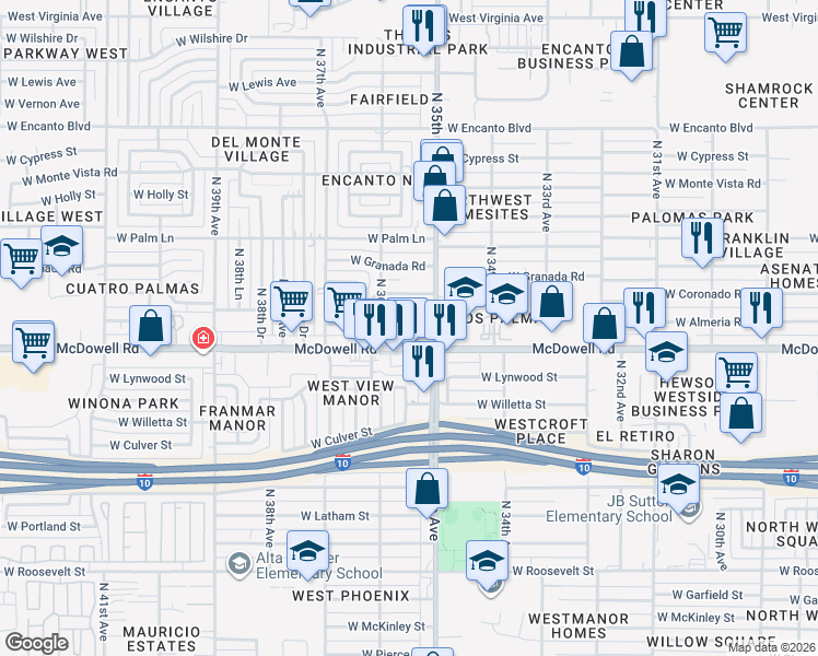map of restaurants, bars, coffee shops, grocery stores, and more near 3523 West Almeria Road in Phoenix