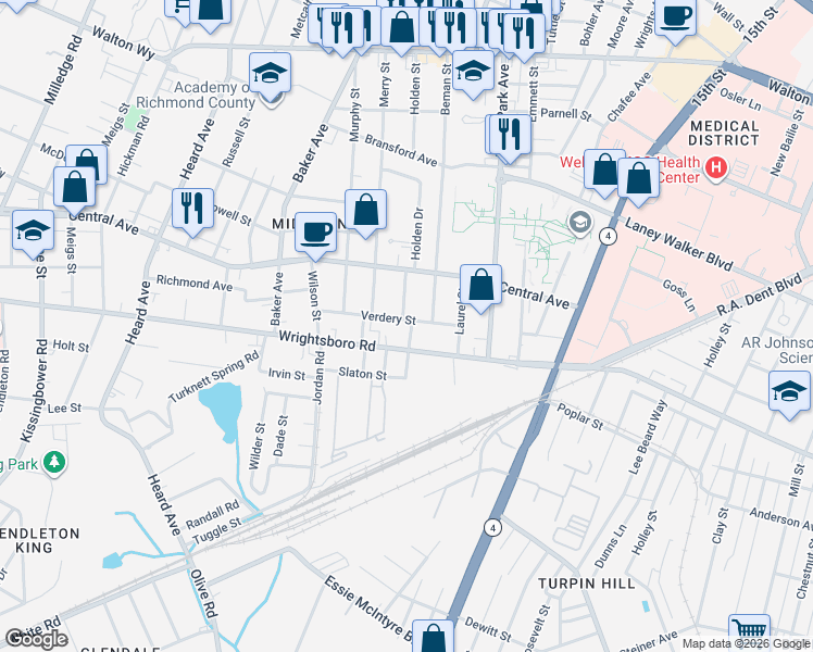 map of restaurants, bars, coffee shops, grocery stores, and more near 1728 Verdery Street in Augusta