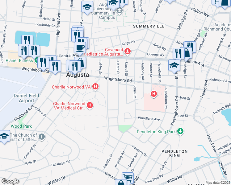 map of restaurants, bars, coffee shops, grocery stores, and more near 1525 Heath Street in Augusta