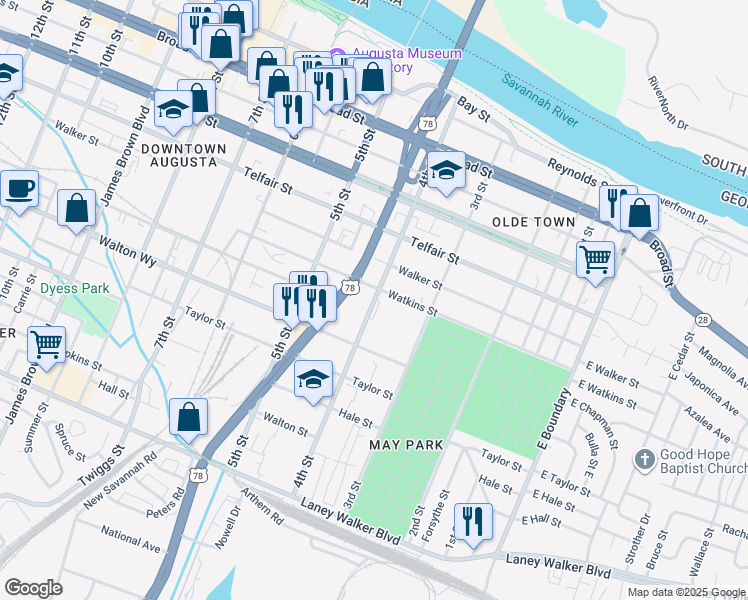 map of restaurants, bars, coffee shops, grocery stores, and more near 659 4th Street in Augusta