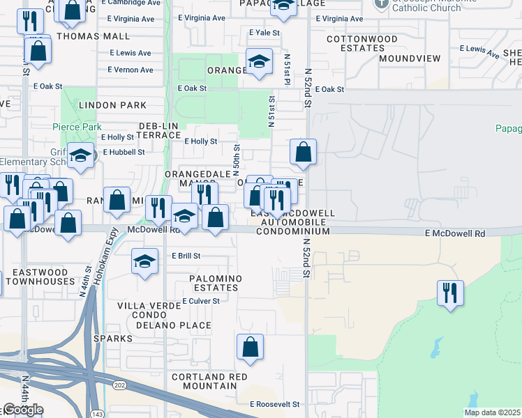 map of restaurants, bars, coffee shops, grocery stores, and more near 1620 North 51st Street in Phoenix