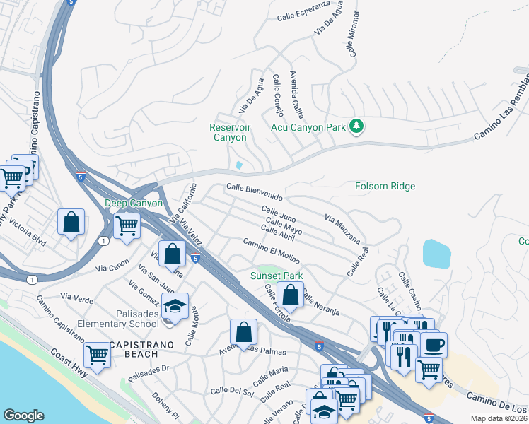 map of restaurants, bars, coffee shops, grocery stores, and more near 4105 Calle Juno in San Clemente