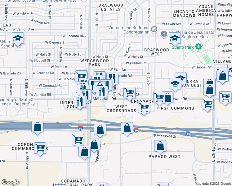 map of restaurants, bars, coffee shops, grocery stores, and more near 4870 West Almeria Road in Phoenix