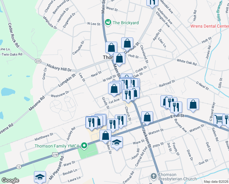 map of restaurants, bars, coffee shops, grocery stores, and more near 209 Milledge Street in Thomson