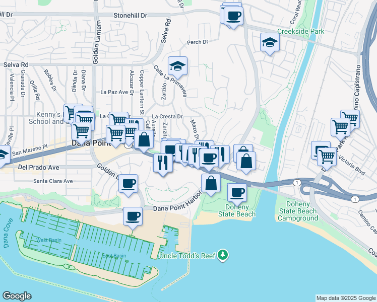 map of restaurants, bars, coffee shops, grocery stores, and more near 34172 Crystal Lantern in Dana Point