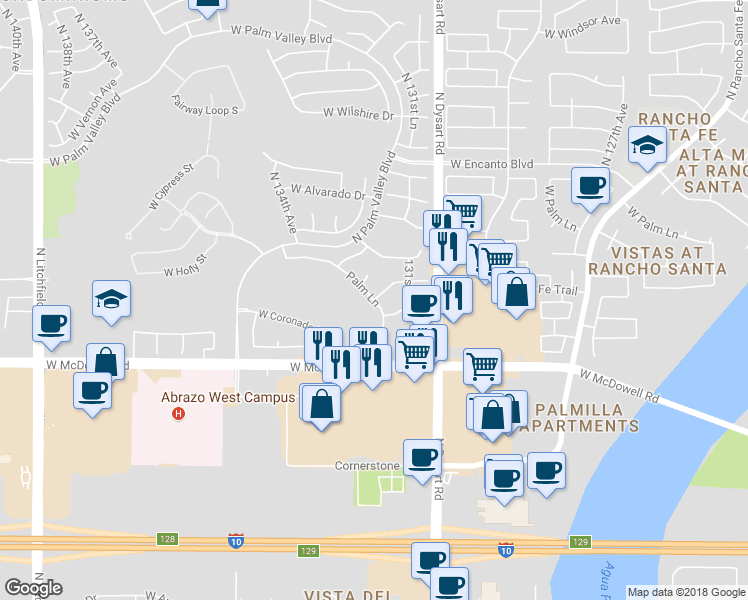 map of restaurants, bars, coffee shops, grocery stores, and more near 13366 West Granada Road in Goodyear