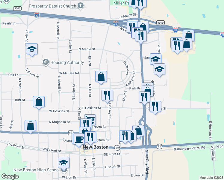 map of restaurants, bars, coffee shops, grocery stores, and more near 414 North Lindsey Street in New Boston