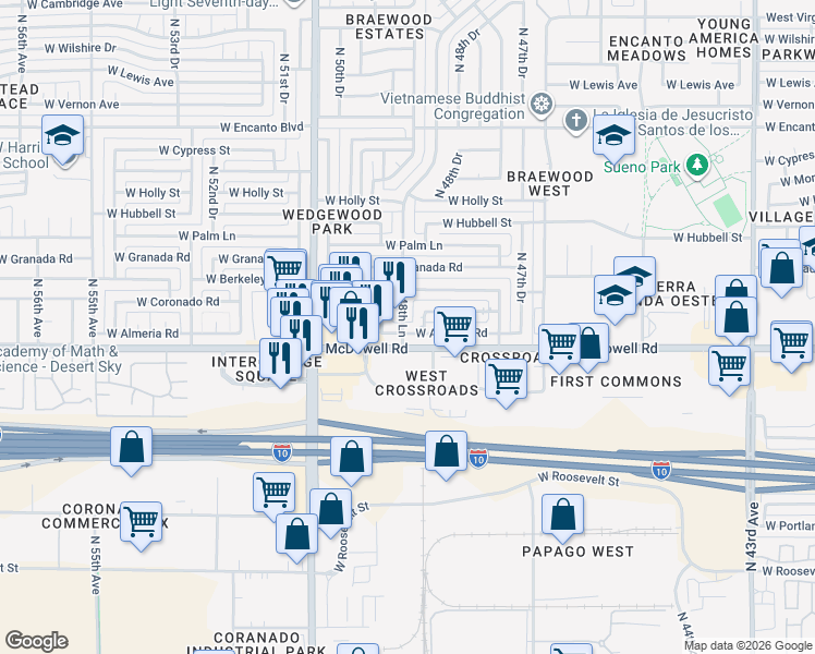 map of restaurants, bars, coffee shops, grocery stores, and more near 4870 West Almeria Road in Phoenix