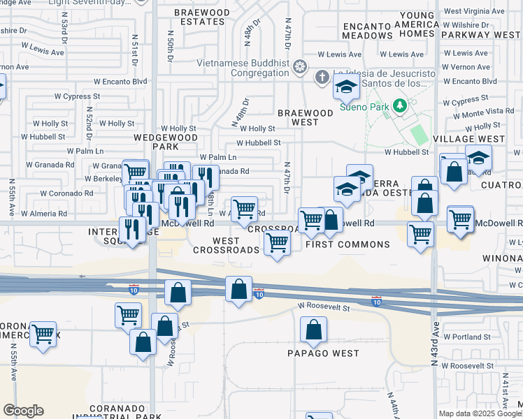 map of restaurants, bars, coffee shops, grocery stores, and more near 4814 West Almeria Road in Phoenix