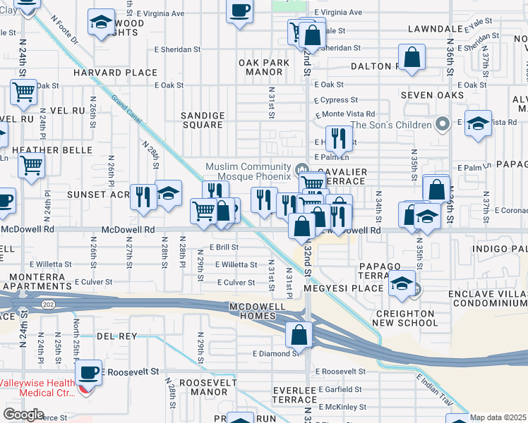 map of restaurants, bars, coffee shops, grocery stores, and more near 1611 North 31st Street in Phoenix