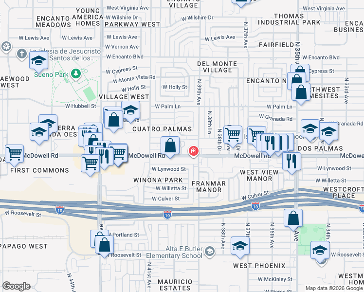 map of restaurants, bars, coffee shops, grocery stores, and more near 3940 West McDowell Road in Phoenix