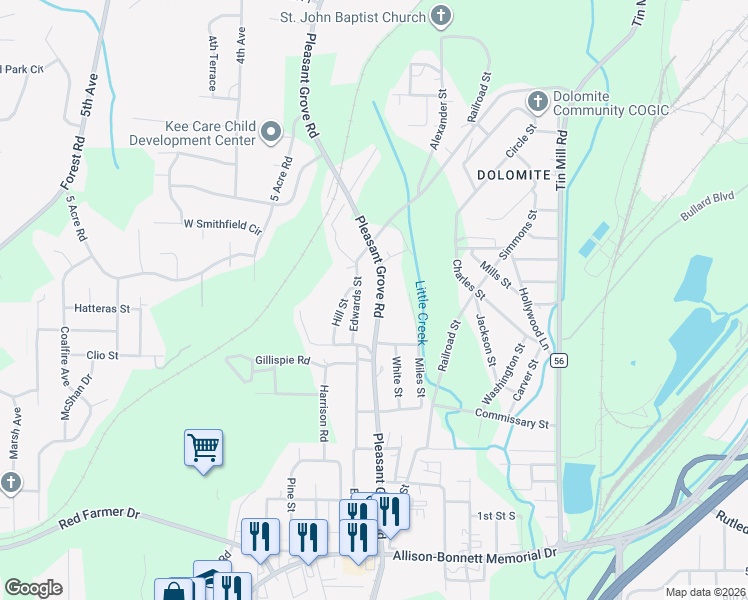 map of restaurants, bars, coffee shops, grocery stores, and more near 1590 Pleasant Grove Road in Birmingham