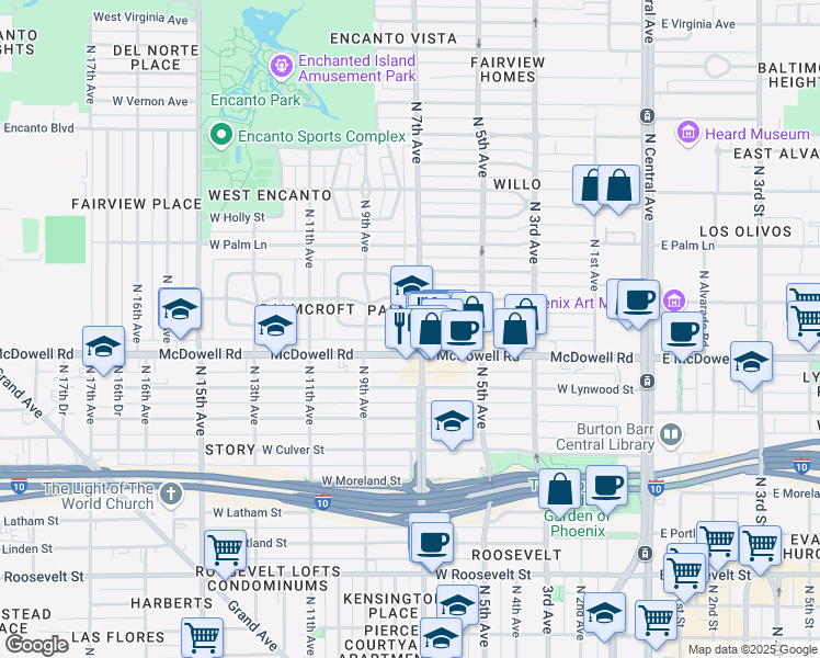 map of restaurants, bars, coffee shops, grocery stores, and more near 1700 North 7th Avenue in Phoenix