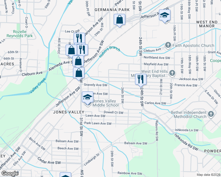 map of restaurants, bars, coffee shops, grocery stores, and more near 1809 28th Street Southwest in Birmingham