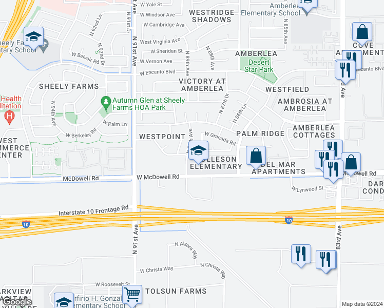 map of restaurants, bars, coffee shops, grocery stores, and more near 8823 West Coronado Road in Phoenix