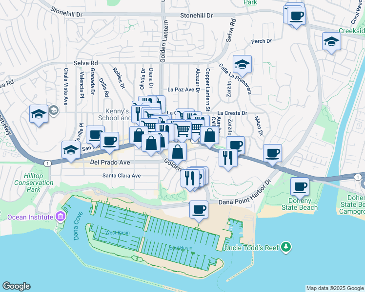 map of restaurants, bars, coffee shops, grocery stores, and more near 24871 Del Prado Avenue in Dana Point