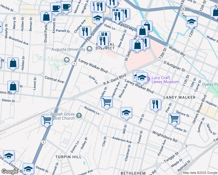 map of restaurants, bars, coffee shops, grocery stores, and more near 1216 Holley Street in Augusta