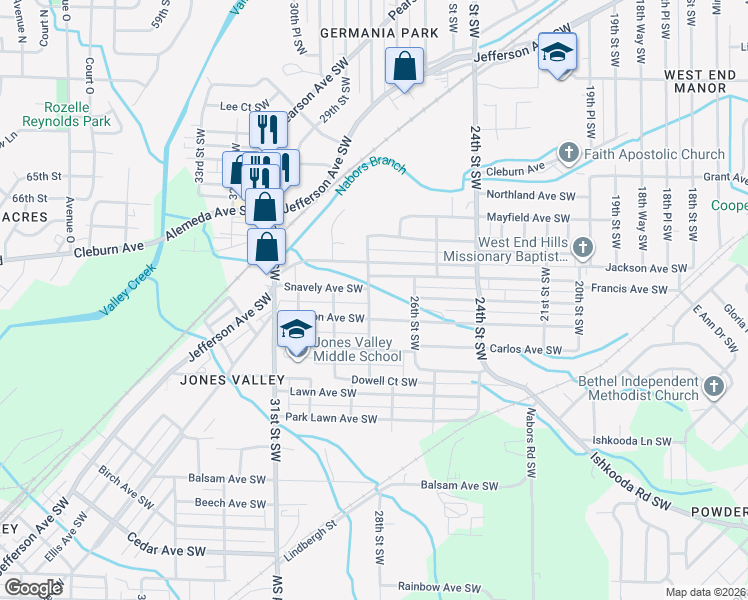 map of restaurants, bars, coffee shops, grocery stores, and more near 1809 28th Street Southwest in Birmingham