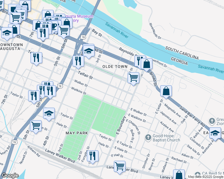 map of restaurants, bars, coffee shops, grocery stores, and more near 134 Telfair St in Augusta