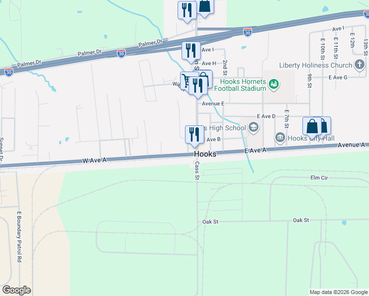 map of restaurants, bars, coffee shops, grocery stores, and more near 106 West Avenue A in Hooks