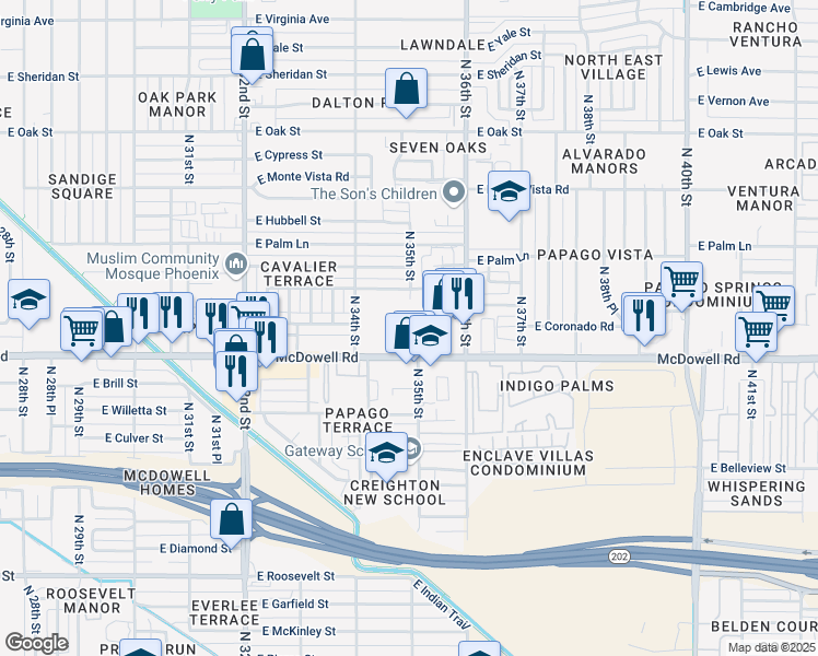 map of restaurants, bars, coffee shops, grocery stores, and more near 3456 East McDowell Road in Phoenix