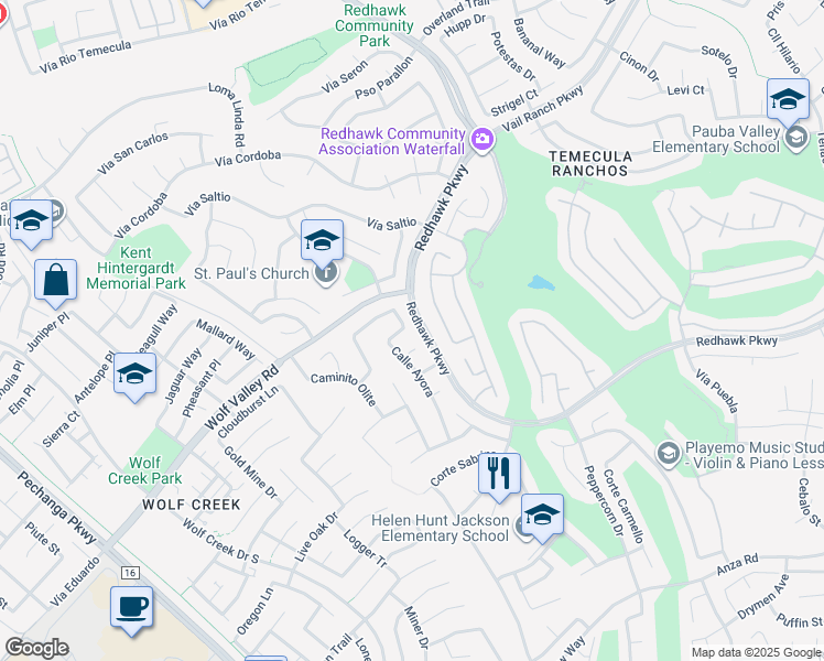 map of restaurants, bars, coffee shops, grocery stores, and more near 45540 Calle Ayora in Temecula