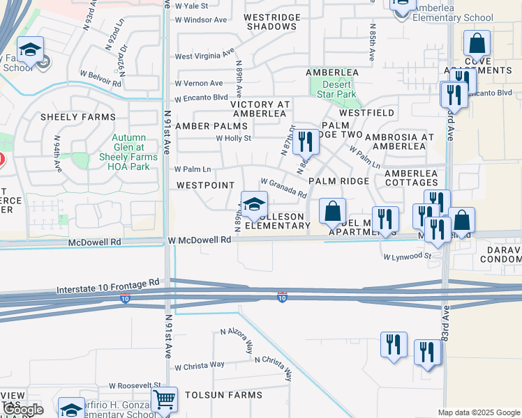 map of restaurants, bars, coffee shops, grocery stores, and more near 8763 West Coronado Road in Phoenix