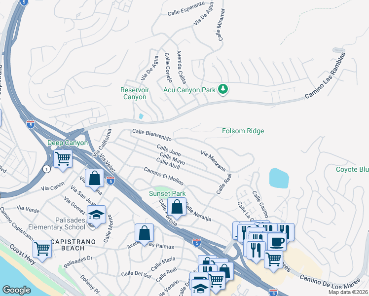 map of restaurants, bars, coffee shops, grocery stores, and more near 4013 Via Manzana in San Clemente