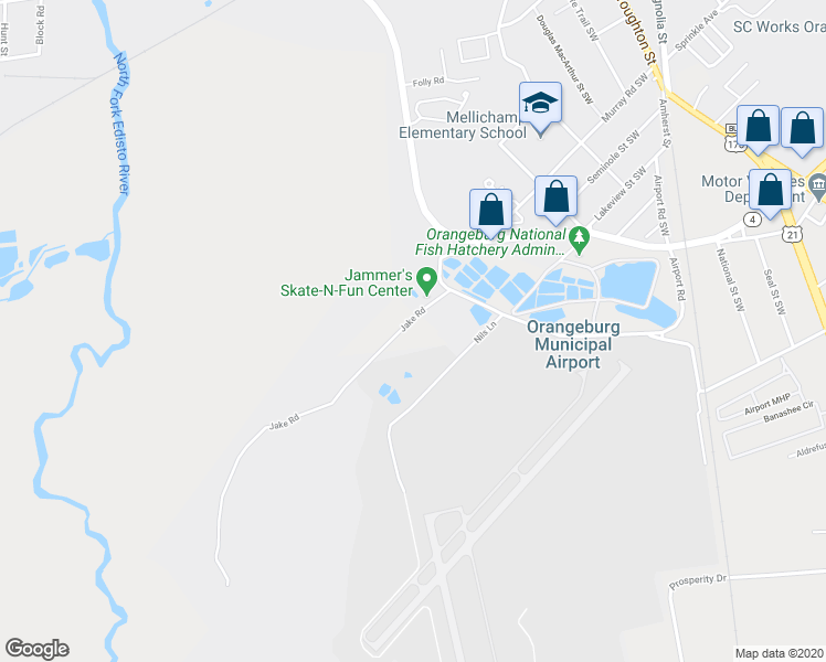map of restaurants, bars, coffee shops, grocery stores, and more near 745 Jake Road in Orangeburg