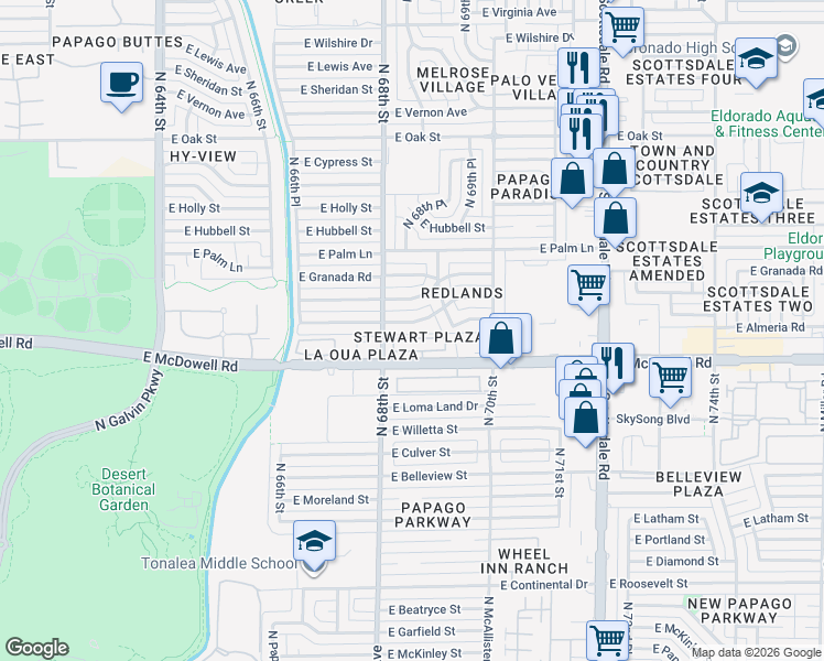 map of restaurants, bars, coffee shops, grocery stores, and more near 6850 East McDowell Road in Scottsdale