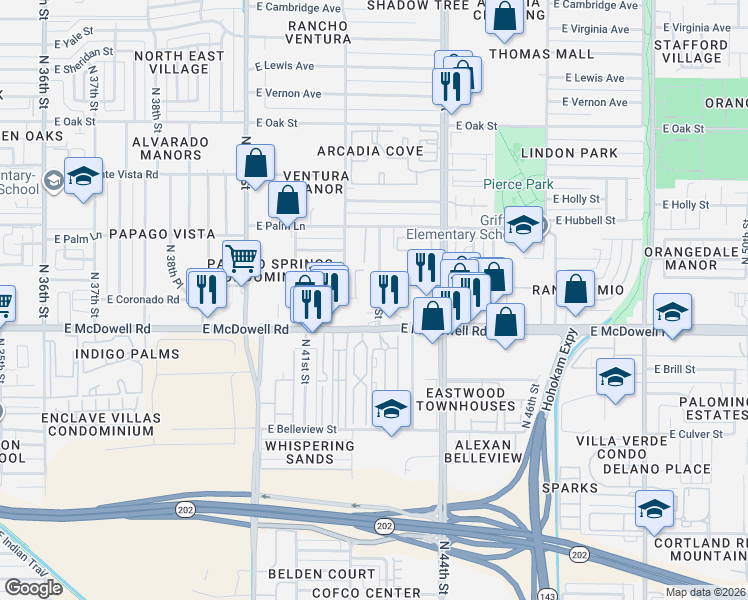 map of restaurants, bars, coffee shops, grocery stores, and more near 1626 North 43rd Street in Phoenix