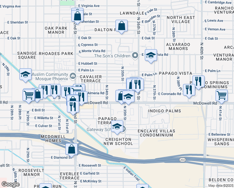 map of restaurants, bars, coffee shops, grocery stores, and more near 3456 East McDowell Road in Phoenix