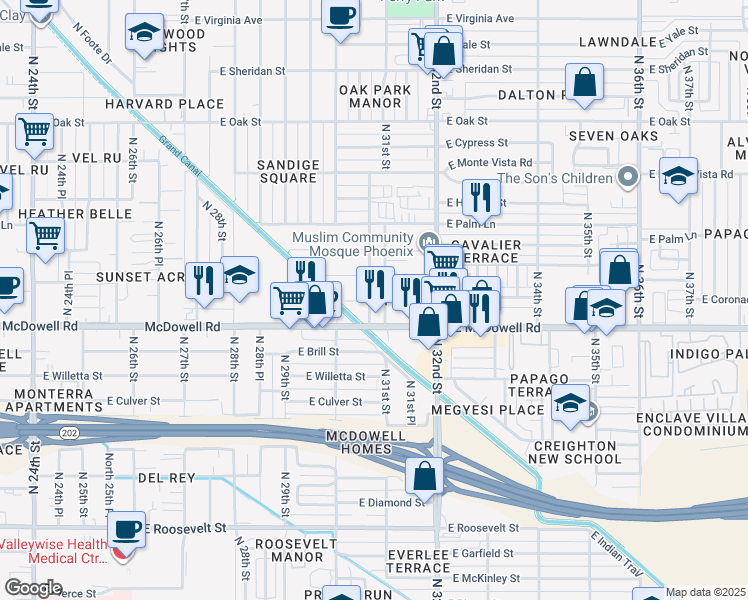 map of restaurants, bars, coffee shops, grocery stores, and more near 1611 North 31st Street in Phoenix