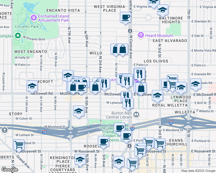 map of restaurants, bars, coffee shops, grocery stores, and more near 119 West Almeria Road in Phoenix